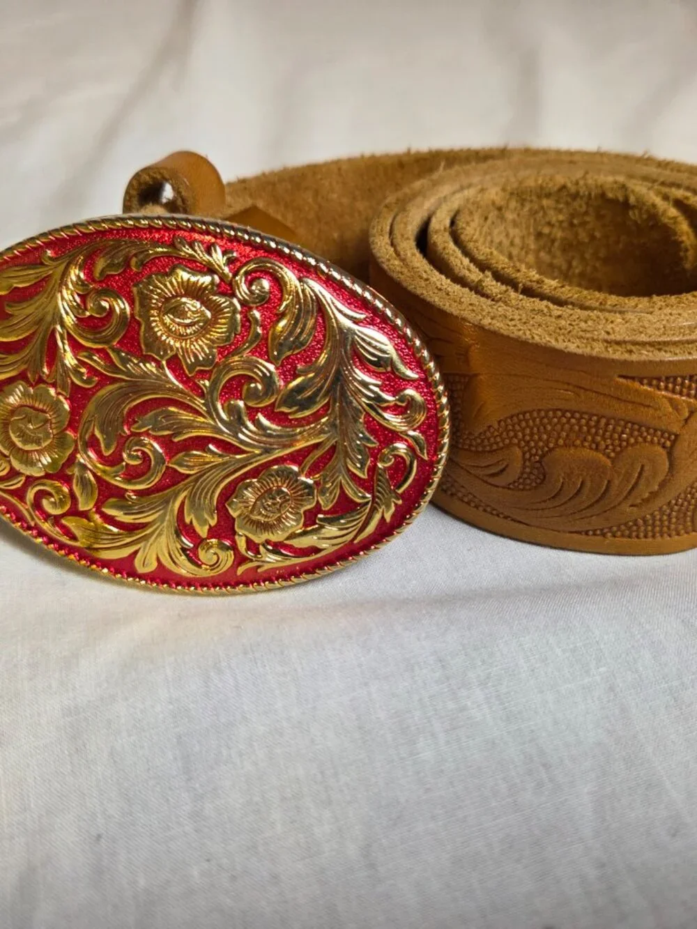 Vintage Suede Leather Belt Tooled Floral Tan Red Gold Western Buckle Unisex 36
